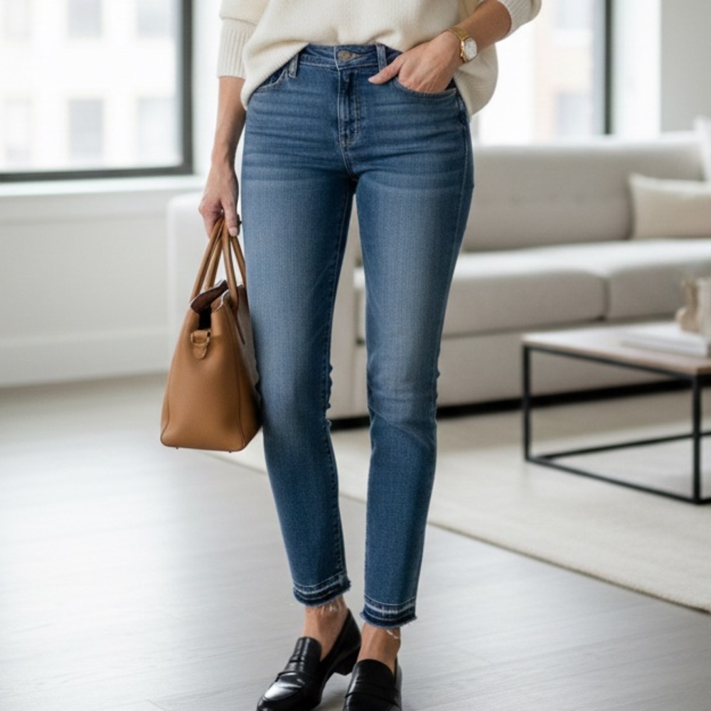 Skyline Ankle Peg PAIGE Blue Cotton Blend Raw Hem Slim Skinny Jeans 32